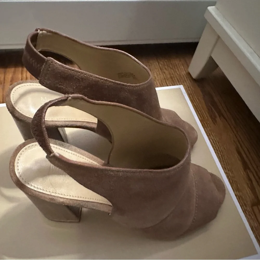Michael Kora Tan Suede Mules with Block Heel